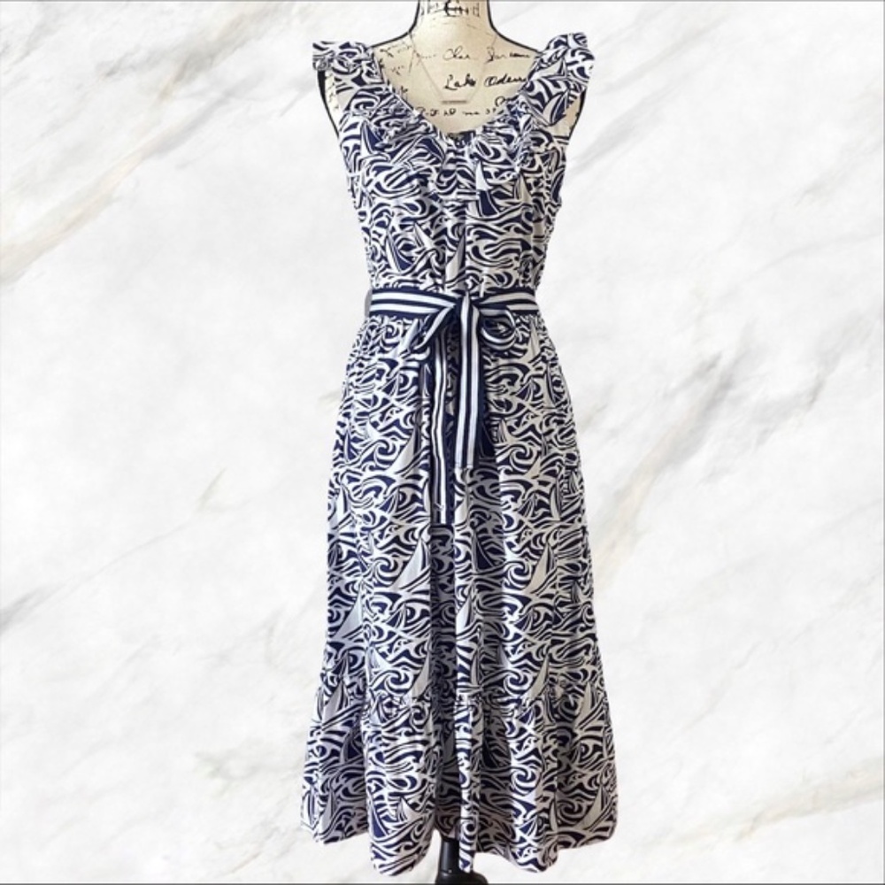 Vineyard Vines Blue & White Sleeveless Ruffle Neck Dress w/ Pockets Medium